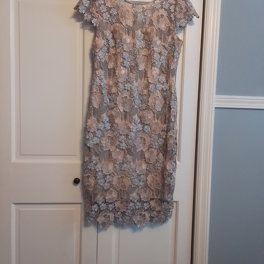 Xscape Floral Lace Midi Dress in Blue and Tan